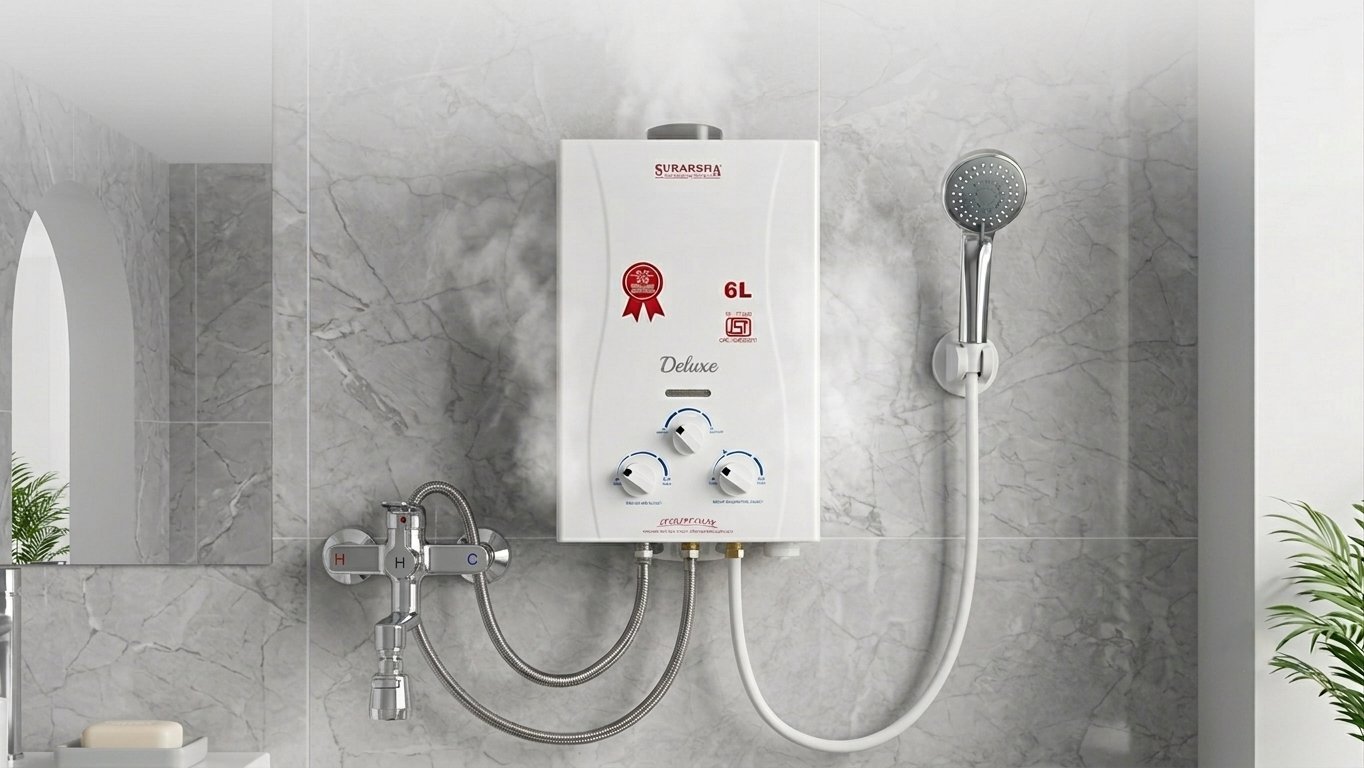 Suraksha gas geyser installed in a bathroom